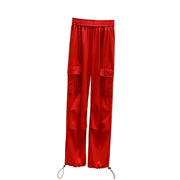 MIUOWANP Women's High Waist Pants with Pockets Solid Color Casual Tie Feet Work Pants Size XXL(12)Red