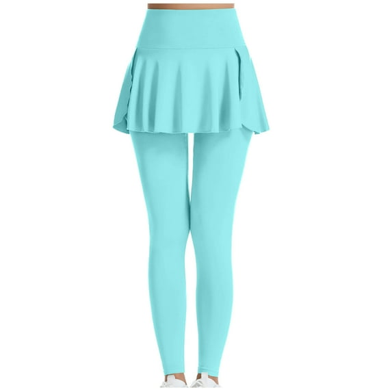 MIUOWANP Women's High Waist Yoga Pants Solid Color with Waist Closing and Buttocks Lifting Design Breathable Yoga Pants with Short Skirt Size S(4)Light Blue