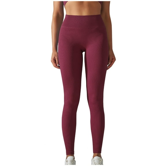 MIUOWANP Women's High Waist Yoga Pants with Hip Lifting and Abdominal Tightening Solid Color Elastic Sports Yoga Pants Size S(4)Wine