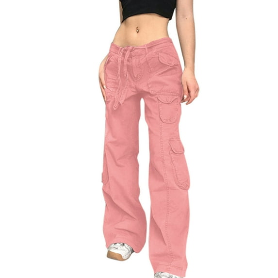 MIUOWANP Women's High Waisted Pants with Multiple Pockets Solid Color Drawstring Elastic Waist Wide Leg Cargo Pants Size XL(10)Pink