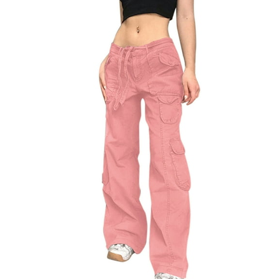 MIUOWANP Women's High Waisted Pants with Multiple Pockets Solid Color Drawstring Elastic Waist Wide Leg Cargo Pants Size XL(10)Pink