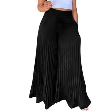 MIUOWANP Women's High Waisted Pants with Pockets Solid Chiffon Elastic Waist Double Layer Crinkle Wide Leg Flare Trousers Size S(4)Black