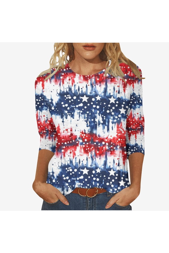 Women's Independence Day Printed Round Neck Three-quarter Sleeve 3/4 Sleeve T-Shirt Top Womens Comfortable and Casual for Women Red XL