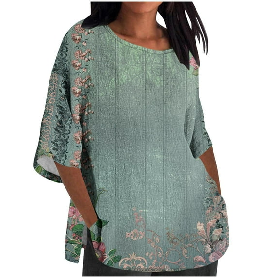 MaFYtyTPR Women's Ladies Fashi Casual Cropped 3/4 Sleeve Printing Cott Loose Shirt Blouse Top 2024 Popular New Tops Army Green S