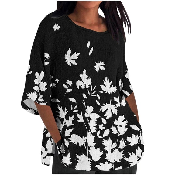 MaFYtyTPR Women's Ladies Fashi Casual Cropped 3/4 Sleeve Printing Cott Loose Shirt Blouse Top 2024 Popular New Tops Black M