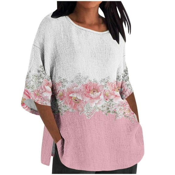 MaFYtyTPR Women's Ladies Fashi Casual Cropped 3/4 Sleeve Printing Cott Loose Shirt Blouse Top 2024 Popular New Tops Pink M