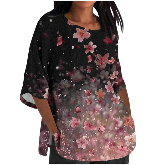 MIUOWANP Women's Ladies Fashion Casual Cropped 3/4 Sleeve Printing Cotton Loose Shirt Blouse Top 2024 Popular New Tops on Sale Pink M