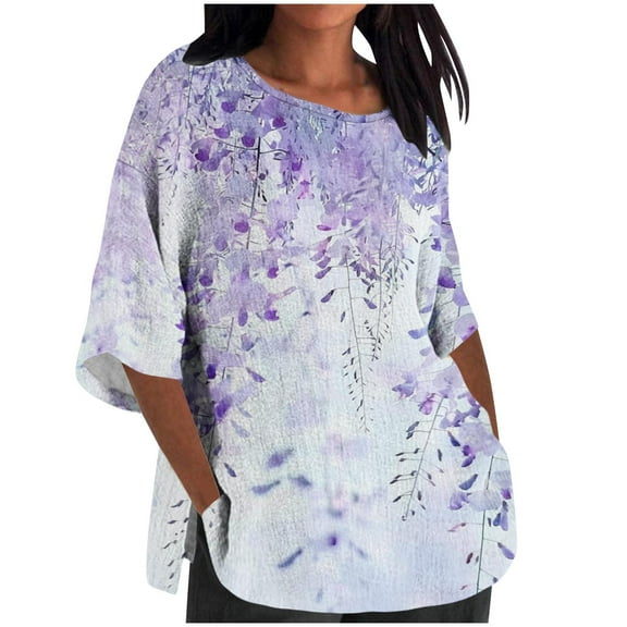 MaFYtyTPR Women's Ladies Fashi Casual Cropped 3/4 Sleeve Printing Cott Loose Shirt Blouse Top 2024 Popular New Tops White M