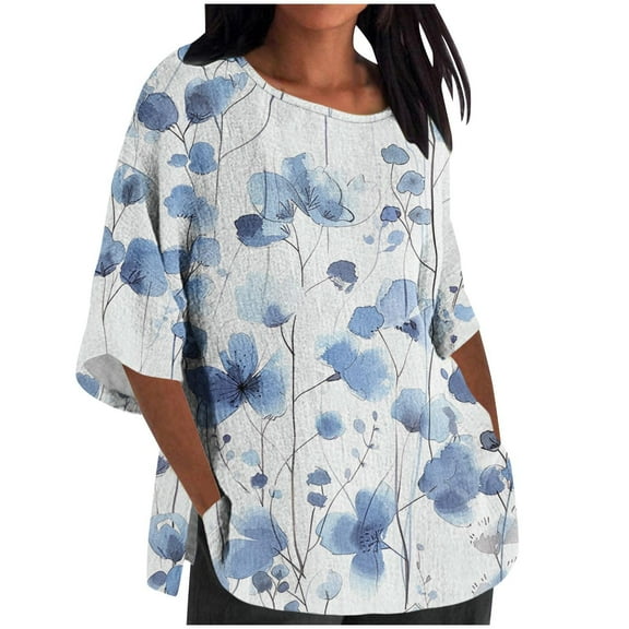 MaFYtyTPR Women's Ladies Fashion Casual Cropped 3/4 Sleeve Printing Cotton Loose Shirt Blouse Top Womens Comfortable and Casual for Women Navy XXXXXL