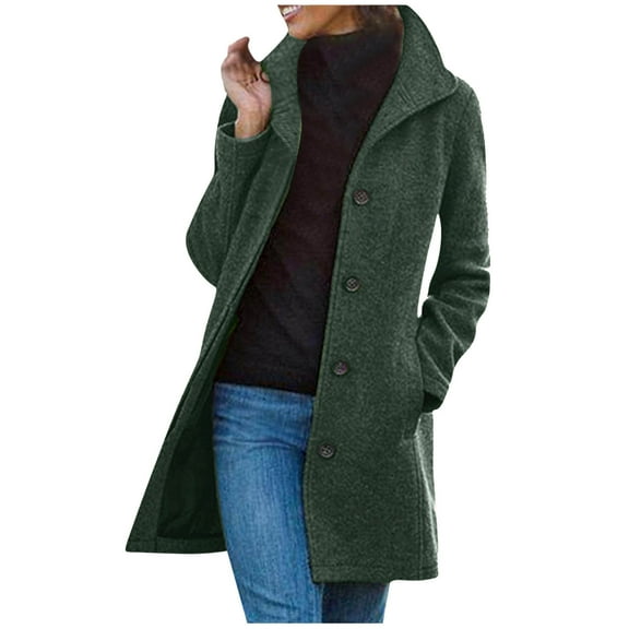 MIUOWANP Women's Lapel Cotton-padded Coat Women's Solid Color Pocket Woollen Coat Recreational Long Sleeve Tops Green S
