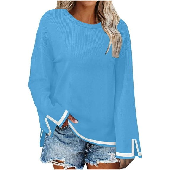 MIUOWANP Women's Long Sleeved Round Neck Top/shirt Women's Casual Loose Color Matching Round Neck Long Sleeved T-shirt Loose Top Blue XXL
