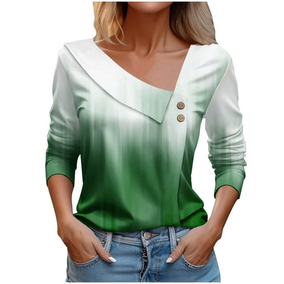 MIUOWANP Women's Long Sleeved Top Solid Color Hollowed Out Lace V-neck Shirt With Fashionable Jacquard and Comfortable Blouse Size XL(10)Green