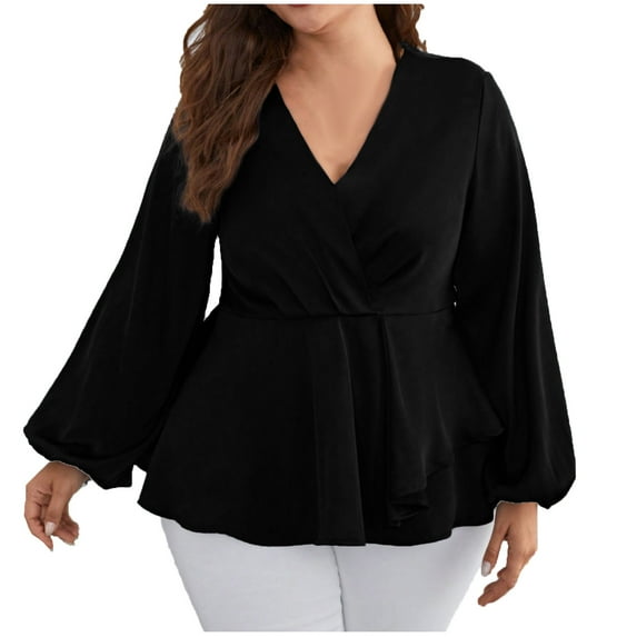 MIUOWANP Women's Long Sleeved Top Solid Color Hollowed Out Lace V-neck Shirt With Fashionable Jacquard and Comfortable Blouse Size XXL(12)Black