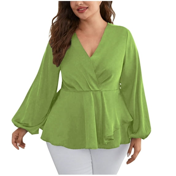 MIUOWANP Women's Long Sleeved Top Solid Color Hollowed Out Lace V-neck Shirt With Fashionable Jacquard and Comfortable Blouse Size XXL(12)Green
