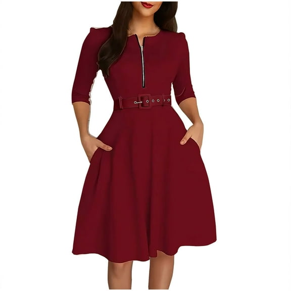 MaFYtyTPR Women's Long-sleeved Dress with Belt Zipper Casual Solid Color Flowy Long Dress for Women on