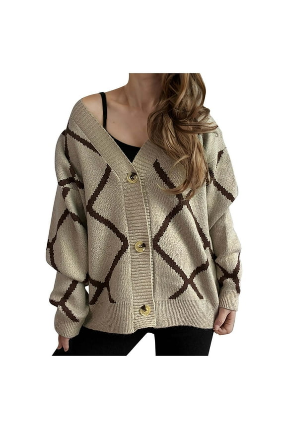 Women's Loose Long-Sleeved Sweater Cardigan Line Rhombic Contrast Pattern Knitted Coat White L