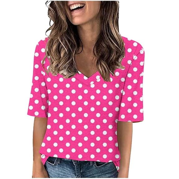 MIUOWANP Women's Oversized T-Shirt Summer Casual Short Sleeve Loose Tee Tops Loose Polka Dot Printed Short-Sleeve V-Neck Tops Size