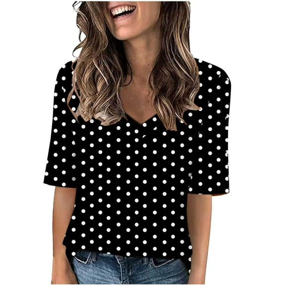 MIUOWANP Women's Oversized T-Shirt Summer Casual Short Sleeve Loose Tee Tops Loose Polka Dot Printed Short-Sleeve V-Neck Tops Size
