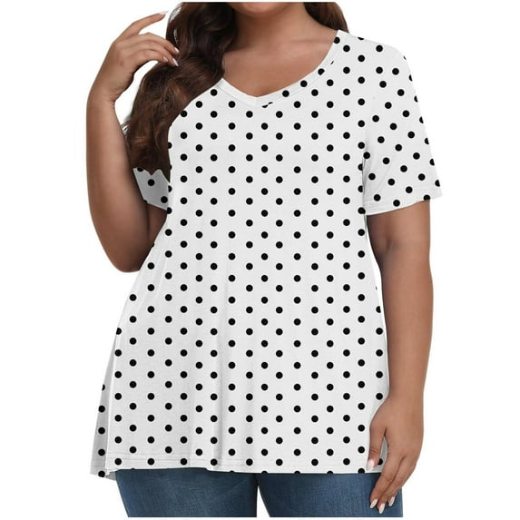 MIUOWANP Women's Oversized T-Shirt Summer Casual Short Sleeve Loose Tee Tops Polka Dot Print V-Neck Top Comfortable Breathable Shirt Size XXXXL(16)White
