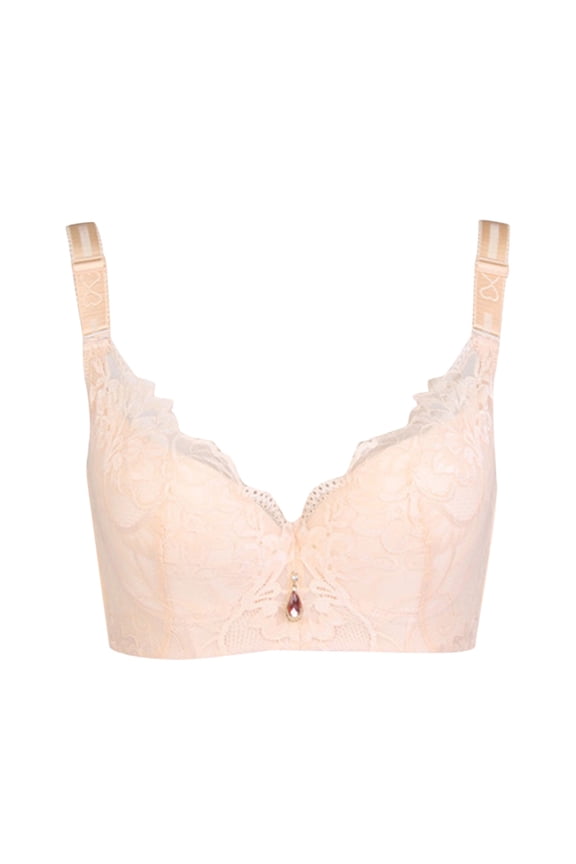 Women's Push-Up Thin Bra Wire-Free Sexy V-shaped Lace Trim Bra with Side Breast Correction Function,Beige XXXL