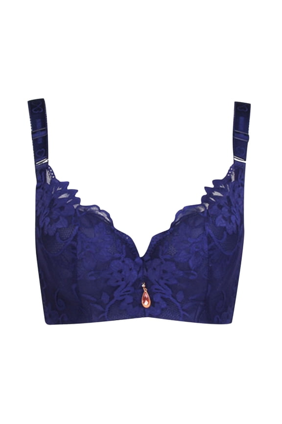 Women's Push-Up Thin Bra Wire-Free Sexy V-shaped Lace Trim Bra with Side Breast Correction Function,Blue XXL