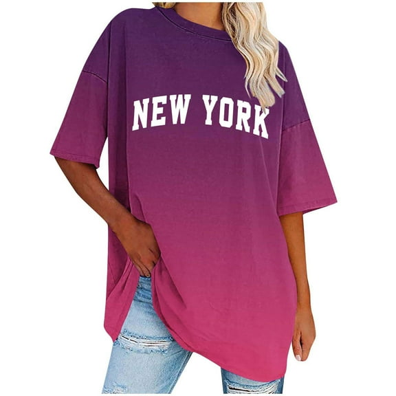 MIUOWANP Women's Raglan Elbow Sleeve Top Gradient Color Letter Print Loose Breathable Casual Round Neck T-Shirt Size M(6)Hot Pink