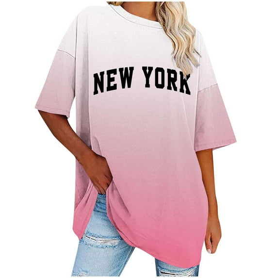 MIUOWANP Women's Raglan Elbow Sleeve Top Gradient Color Letter Print Loose Breathable Casual Round Neck T-Shirt Size M(6)Pink