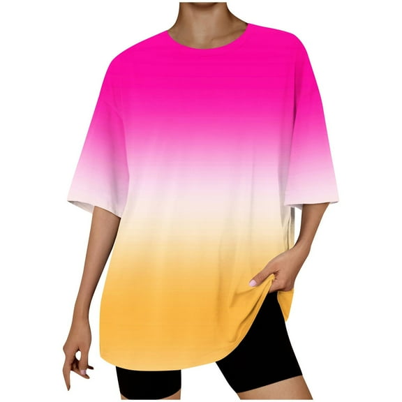 MIUOWANP Women's Raglan Elbow Sleeve Top Gradient Color Loose Breathable Casual Round Neck T-Shirt Size M(6)Hot Pink