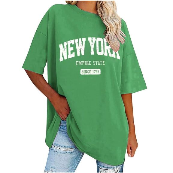 MIUOWANP Women's Raglan Short Sleeve Round Neck Top Letter Print Loose Breathable Casual Long Blouse Size L(8)Green
