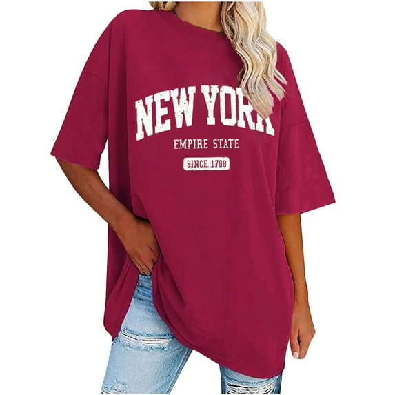 MIUOWANP Women's Raglan Short Sleeve Round Neck Top Letter Print Loose Breathable Casual Long Blouse Size L(8)Hot Pink