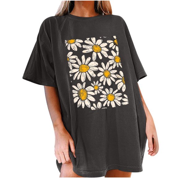 MIUOWANP Women's Raglan Short Sleeve Top Floral Print Loose Fit Round Neck Long Blouse Size M(6)Gray