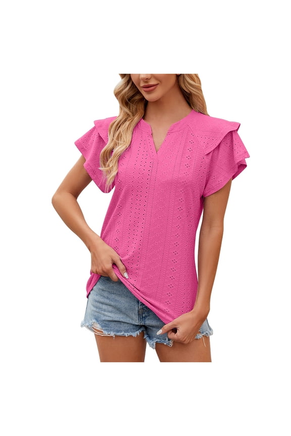 Women's Raglan Short Sleeve V-neck Top Solid Color Hollowed Out and Breathable Double Layered Bat Sleeves T-Shirt Size L(8)Hot Pink