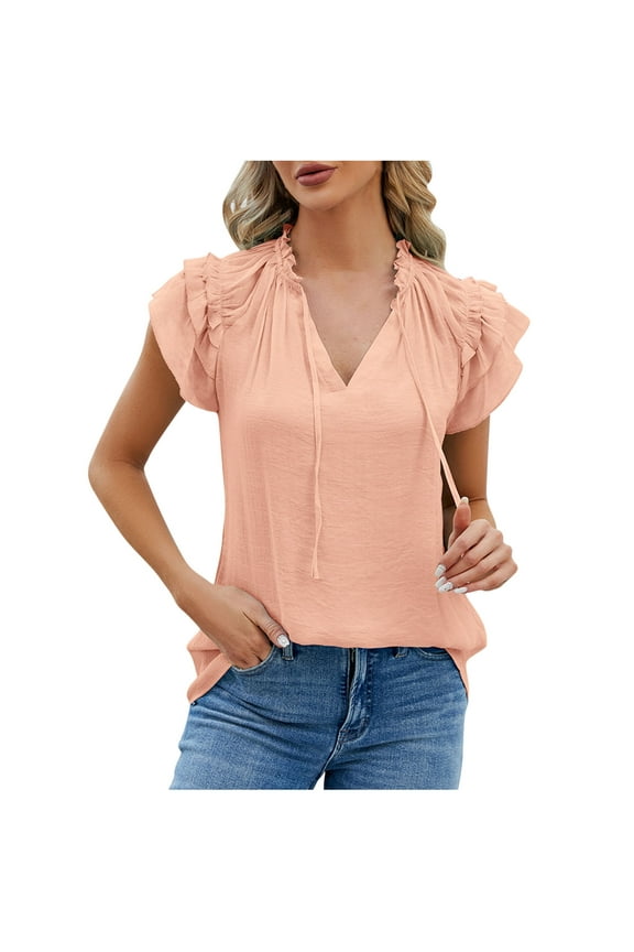 Women's Raglan Short Sleeve V-neck Top Solid Color Pleat Ruffle Edge Sleeve Loose Breathable Blouse Size S(4)Pink