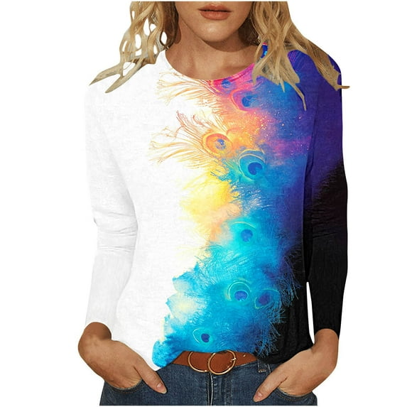 MIUOWANP Women's Retro Fashion Classic Print Long Sleeved Round Neck Tops/shirt Easy to Mix and Match Blouses Clearance Deals Multicolor S