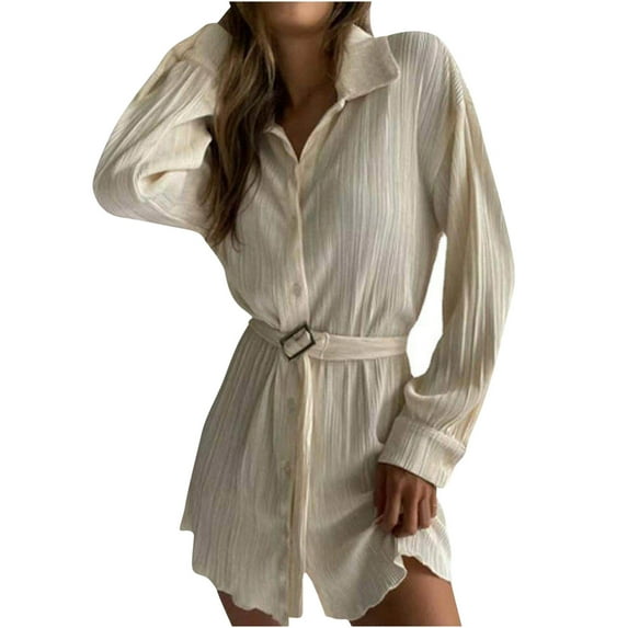 MIUOWANP Women's Shirt Dresses Women's Fashionable Casual Pleated Long Sleeved Waistband And Lapel Dress On Sale,Size S Beige