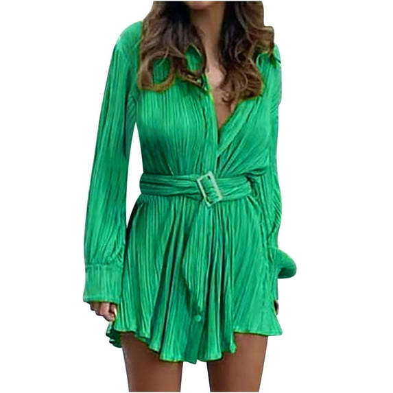 MIUOWANP Women's Shirt Dresses Women's Fashionable Casual Pleated Long Sleeved Waistband And Lapel Dress On Sale,Size XL Green