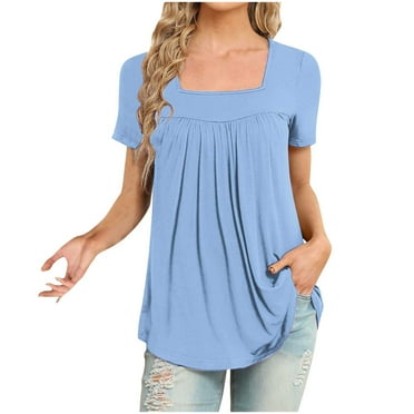 MIUOWANP Women's Shirts V-Neck Short Sleeve Cotton Tops T-Shirt Basic Tees Solid Color Plus Size Loose Long Tunic Pleated Square-Neck Short-Sleeve Tops Size XXL(12)Light Blue