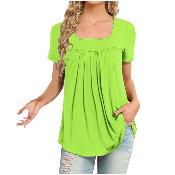 MIUOWANP Women's Shirts V-Neck Short Sleeve Cotton Tops T-Shirt Basic Tees Solid Color Plus Size Loose Long Tunic Pleated Square-Neck Short-Sleeve Tops Size XXL(12)Green