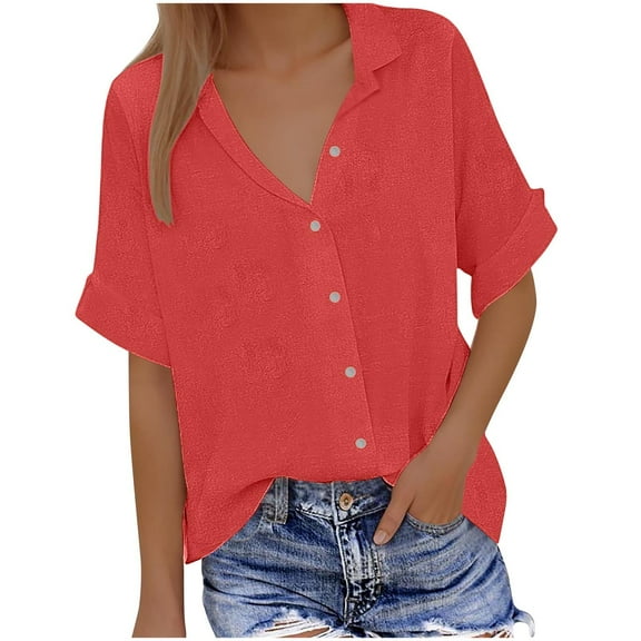 MIUOWANP Women's Short Sleeve Cardigan With Pockets Solid Color Business Casual Lapel Button up T-shirt Size M(6)Red