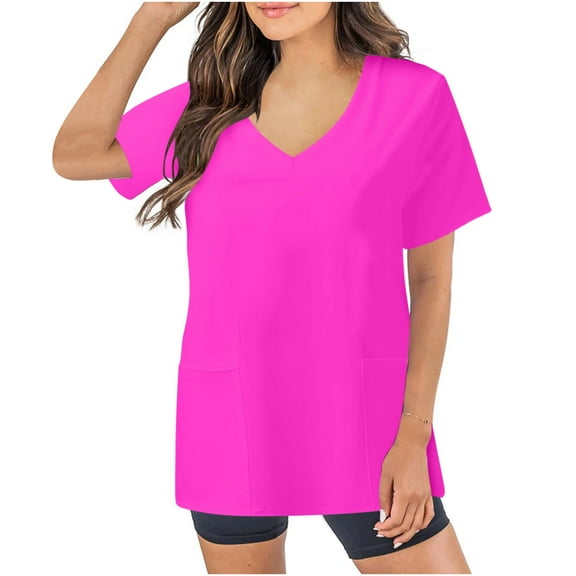 MIUOWANP Women's Short Sleeve T-Shirts Solid Color with Pocket Nursing Work Top Size XL(10)Hot Pink