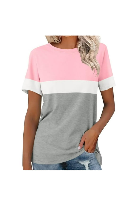 MaFYtyTPR Women's Short Sleeve Top Color Blocking Simplicity Casual Blouse Striped Printed T-shirt Round Neck Short Sleeve Shirt Pink XL