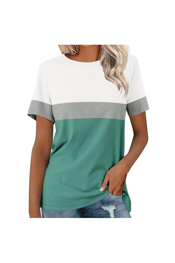 Women's Short Sleeve Top Color Blocking Simplicity Casual Blouse Striped Printed T-shirt Round Neck Short Sleeve Shirt Size L(8)Green