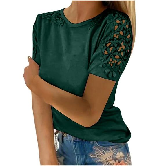MIUOWANP Women's Short Sleeve Top Women Ladies Solid Short Sleeve Round Neck Pullover Lace Tops Blouse Green L