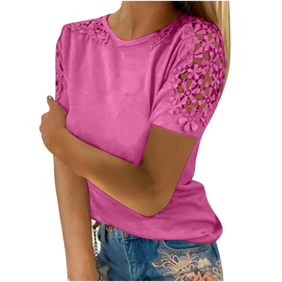 MIUOWANP Women's Short Sleeve Top Women Ladies Solid Short Sleeve Round Neck Pullover Lace Tops Blouse Hot Pink XXXXL