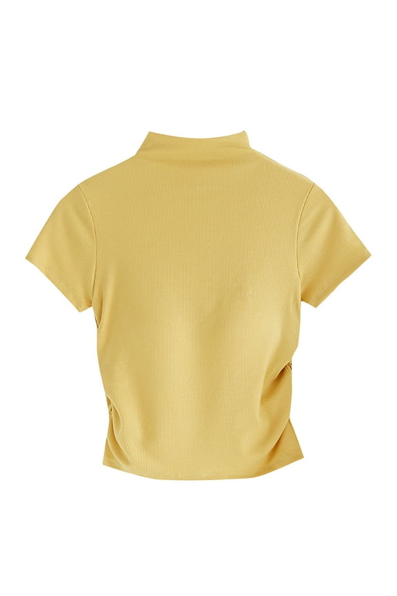 Women's Short Sleeve Top with Built in Bra Solid Color Decorative Pattern V-Neck Slim Blouse Size XL(10)Yellow