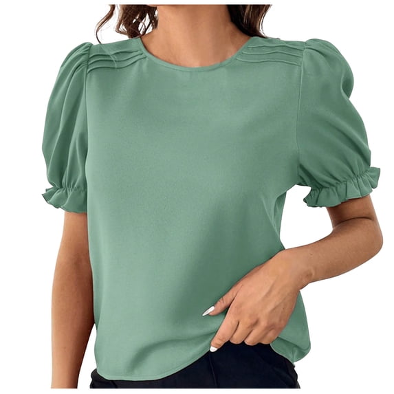 MIUOWANP Women's Short Sleeve Tops Casual Dressy Solid Color Loose Breathable Ruffle Edge Sleeve Blouse Size S(4)Green