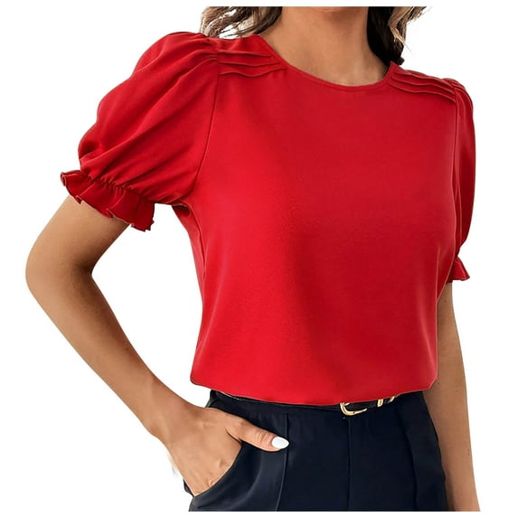 MIUOWANP Women's Short Sleeve Tops Casual Dressy Solid Color Loose Breathable Ruffle Edge Sleeve Blouse Size XXL(12)Red