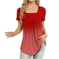 thumbnail image 1 of MIUOWANP Women's Short Sleeve Tops Casual Gradient Color Loose Breathable Square Neckline Pleated T-Shirt Size L(8)Red, 1 of 5