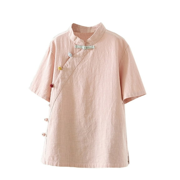 MIUOWANP Women's Short Sleeve Tops Casual Solid Color Cotton And Linen Button up T-shirt Loose and Breathable Traditional Chinese Clothing Size XXL(12)Pink