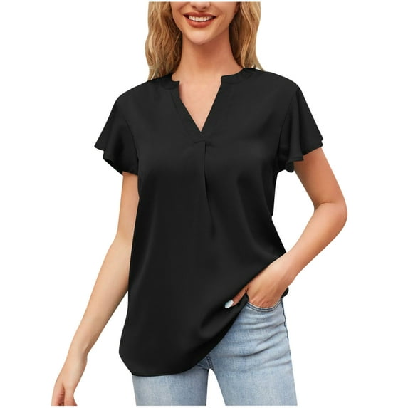 MIUOWANP Women's Short Sleeve Tops Casual Solid Color Loose Breathable Simplicity V-Neck Ruffle Edge Sleeve Blouse Size L(8)Black